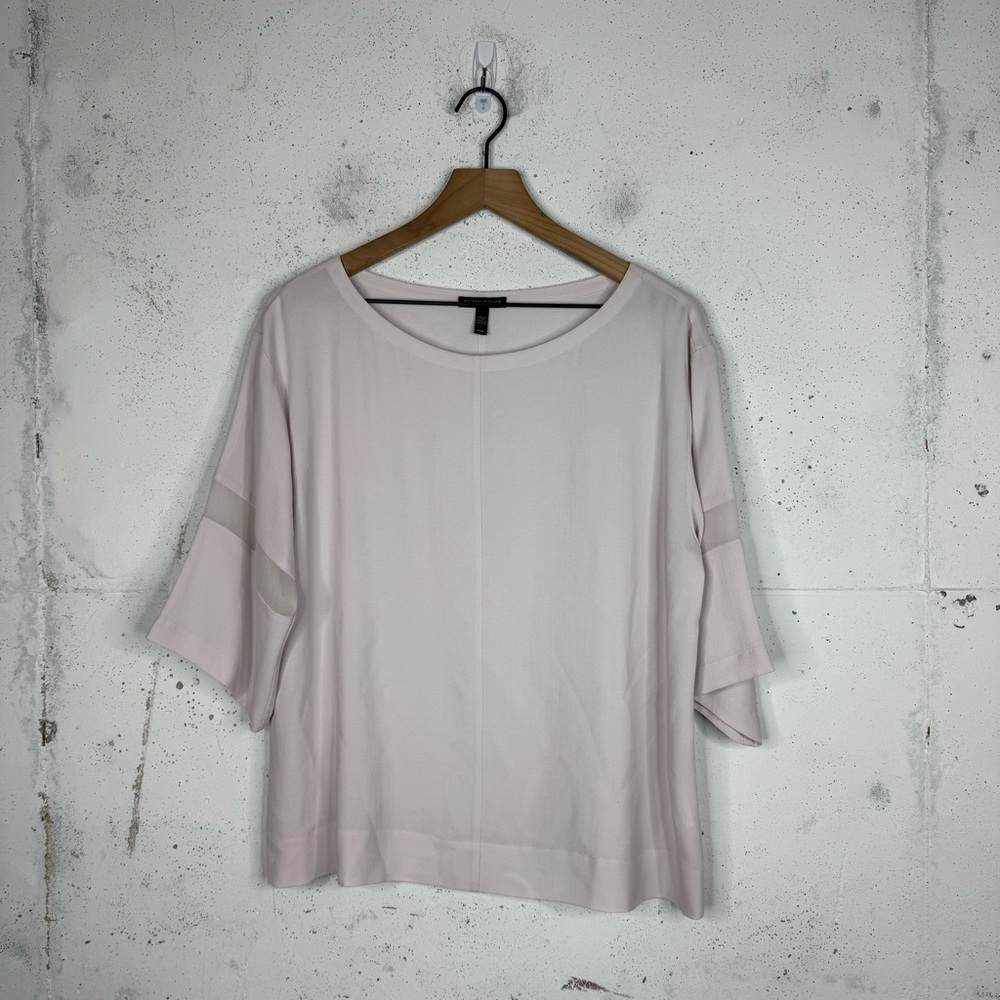 Eileen Fisher Silky Boxy Fit Mesh Arm Panel Crepe Like Top Blouse Medium - Picture 1 of 10